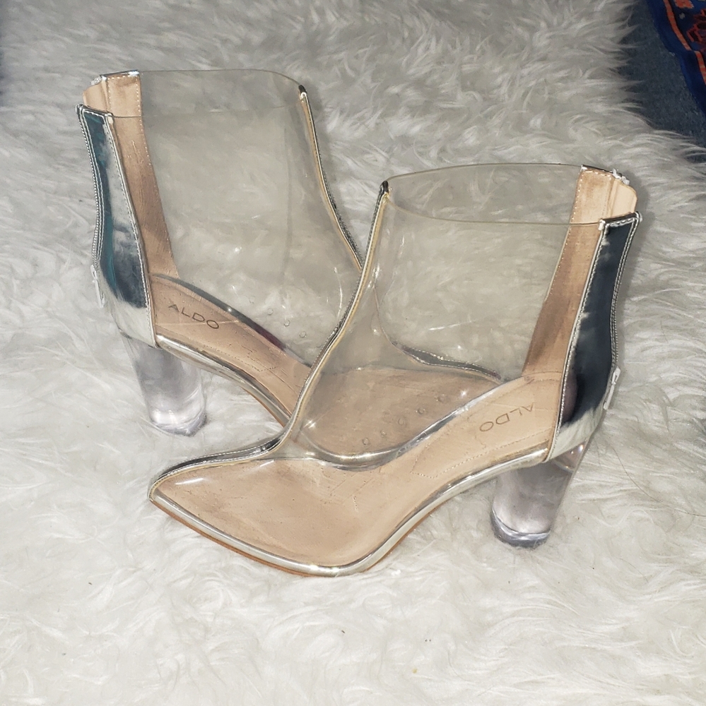 Clear Thick Heels Silver Pointed Toe Boots